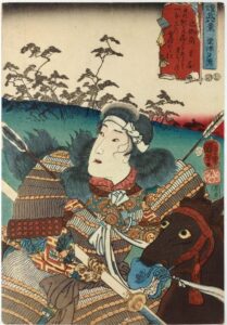 Utagawa Kuniyoshi, Tomoe Gozen, 1852. Colour woodblock print. British Museum. Gift of Prof. Arthur R. Miller to the American Friends of the British Museum.
