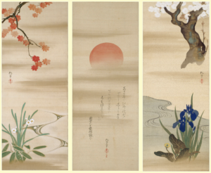 Sakai Hoitsu, Japanese, 1761-1828, Triptych of Flowers and the Rising Sun, after 1824, Hanging scrolls, ink and color on silk, 104.4 x 40.9 cm each, Gitter-Yelen Collection